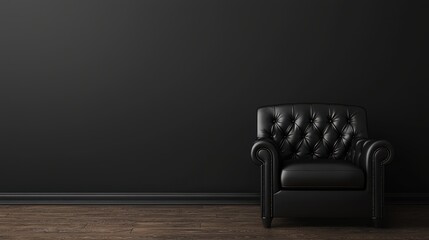 TV room interior with black leather armchair on empty dark wall background.