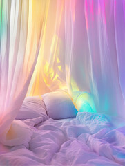 An artistic photograph of an ethereal bedroom with sheer curtains. The bed is made up in white linen and surrounded by vibrant, rainbow hues