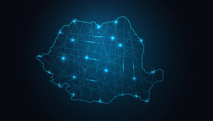 Romania Map - Abstract geometric mesh polygonal network line, structure and point scales on dark background with lights in the form of cities. Vector illustration eps 10.