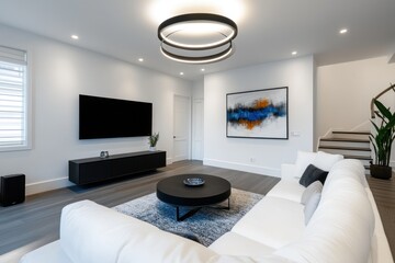 Modern, bright basement game room