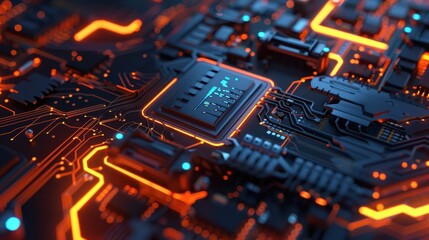 Glowing Orange and Blue Chip with Intricate Digital Patterns