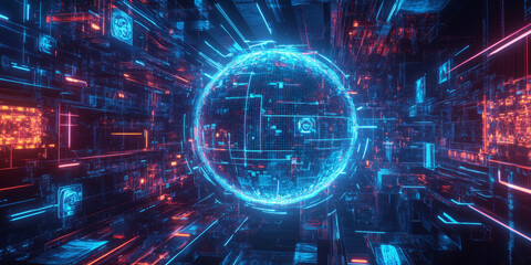 Obraz premium A futuristic 3D background with a hovering metallic sphere radiating a holographic interface. The neon symbols and interactive digital elements create a high-tech, cybernetic environment perfect for