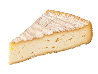 A wedge of cheese with a textured rind and creamy interior, showcasing its rich, pale color and distinct shape, Transparent background.