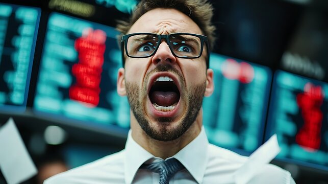 A stressed trader yells passionately amidst fluctuating stock prices displayed on screens, capturing the intensity of financial markets.