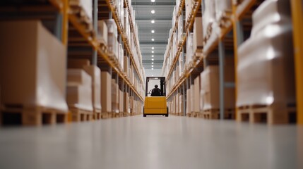 Yellow forklift operating in a spacious industrial warehouse with stacked supplies