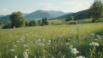 Obraz premium Wildflower Meadow Landscape with Rolling Hills and Mountains
