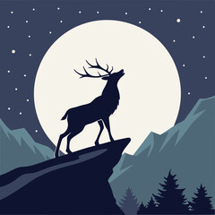 A sleek vector silhouette of a deer standing on a cliff, with a large full moon behind it vector design.