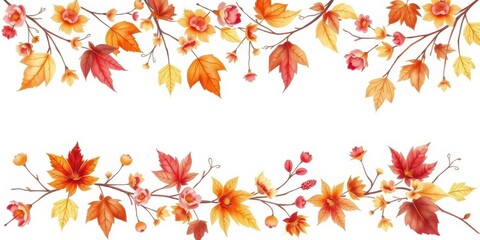 Autumn watercolor floral garland with dried leaves and flowers, perfect for fall designs, stems, elegant