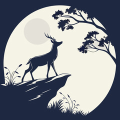 A sleek vector silhouette of a deer standing on a cliff, with a large full moon behind it vector design.