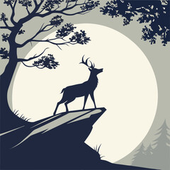 A sleek vector silhouette of a deer standing on a cliff, with a large full moon behind it vector design.