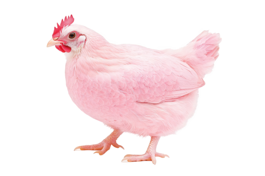 A pink chicken with fluffy feathers stands upright, showcasing its unique coloration and distinct features, Transparent background.