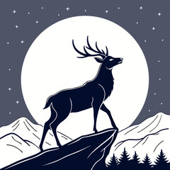 A sleek vector silhouette of a deer standing on a cliff, with a large full moon behind it vector design.