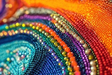 An abstract close-up of a textured surface, enhanced by vibrant beads and swirling patterns