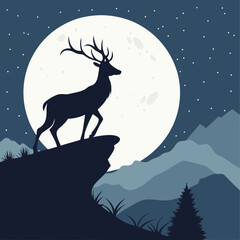 A sleek vector silhouette of a deer standing on a cliff, with a large full moon behind it vector design.