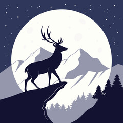 A sleek vector silhouette of a deer standing on a cliff, with a large full moon behind it vector design.