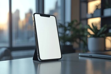 Modern smartphone stands on a desk in front of window
