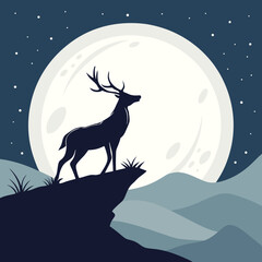 A sleek vector silhouette of a deer standing on a cliff, with a large full moon behind it vector design.