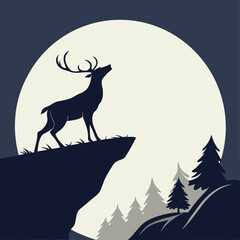 A sleek vector silhouette of a deer standing on a cliff, with a large full moon behind it vector design.