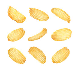 Tasty ridged potato chips on white background, collage