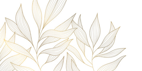 Vector leaf pattern, gold line art background. Art deco plant texture, elegant japanese graphic. Organic exotic drawing, boho flora garden illustration.