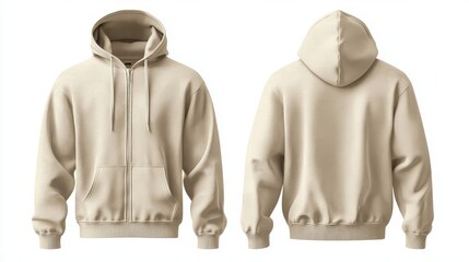 Two front back views beige hoodie hoodie has Light full-zip hoodie sweatshirt