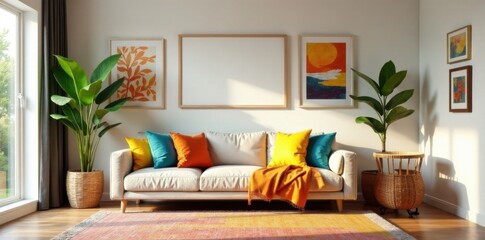 Cozy mockup of a living room concept board with colorful patterns and textures, cozy home, concept board