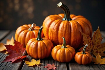 Richly colored pumpkins sit atop a wooden table surrounded by fallen autumn leaves on a dark wood background, Thanksgiving, decoration