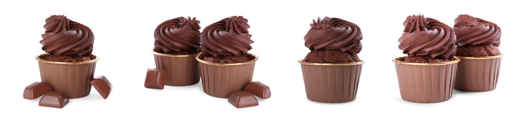 Tasty chocolate cupcakes isolated on white, set