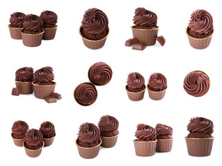 Tasty chocolate cupcakes isolated on white, set