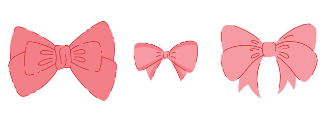 Set of Pink Ribbon Bows Hand Drawn Illustrations. Collection of Satine Bowknot for Gifts, Present Knots, Wrap Pack and Hairstyle. Isolated Girly Vintage Elements