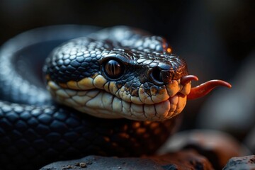 Obraz premium Scales glisten on viper's snout as it hisses menacingly face close up, reptile, blue venomous snake