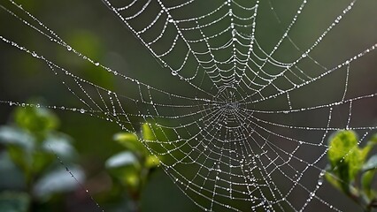 Naklejka premium Intricate Spiderweb Adorned with Dew Drops Capturing Nature's Beauty