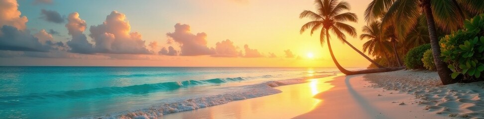 Serene sandy beach with palm trees and turquoise ocean at sunset, vacation, palm tree