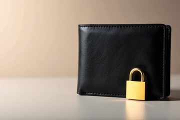 Sleek black leather wallet and gold lock background, black, sophisticated
