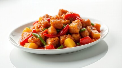 Sweet and sour pork served with colorful vegetables on a plate