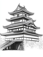 Majestic Japanese Castle: A Symbol of Ancient Architecture, Tradition, and Cultural Heritage in a Detailed Drawing.