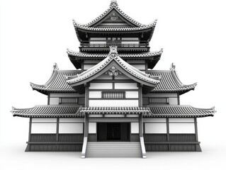 Fototapeta premium Majestic Japanese Castle: A Timeless Architectural Icon in Black and White, Evoking History and Culture