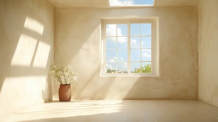 Fototapeta premium Bright White Room Interior with City View and Sunlight