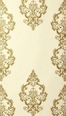 Damask pattern with gold and cream colored floral motifs on a neutral beige background, decor, floral