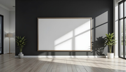 Obraz premium Modern empty frame mockup in a dark gray room.
