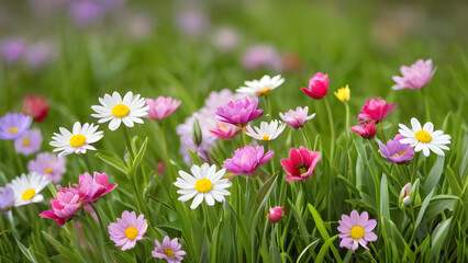 Fototapeta premium Daisies and colorful flowers growing in green grass