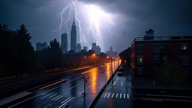 Tormenta el&eacute;ctrica iluminando el skyline de la ciudad