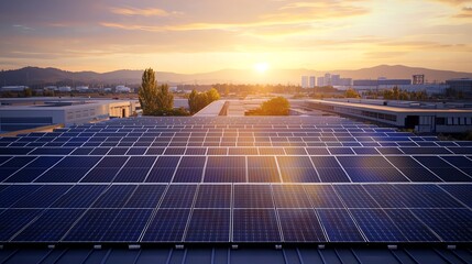 Solar panels absorbing sunlight at sunset.