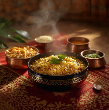 two traditional rice-based dishes from the Deccan region,  side view, The dishes are elegantly presented on arich red or yellow carpet with intricate Indian patterns