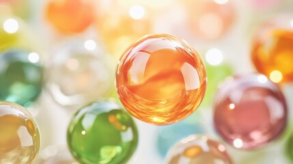 Colorful Transparent Glass Balls Floating in Soft Light Background