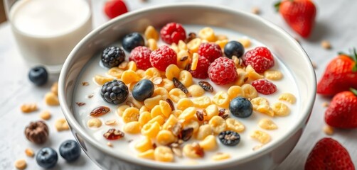 Bowl of cornflakes with healthy milk, berries & seeds,  top view,  low sugar