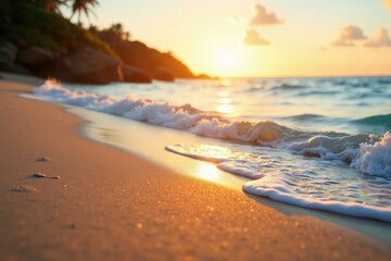 Warm sunlight dances upon the shore as gentle waves caress the sandy beach softly , beach, sun