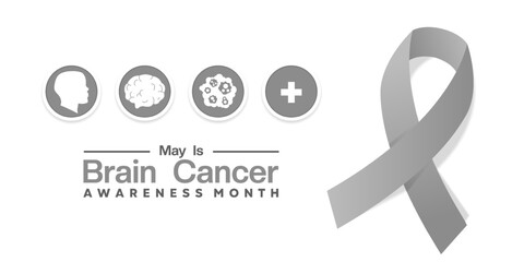 May is Brain Cancer Awareness Month. Human, brain, cancer, plus icon and ribbon. Great for posters, banners, social media and more. White background. 