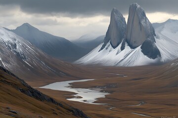 Dramatic Mountain Valley Landscape with River  Snow  and Peaks