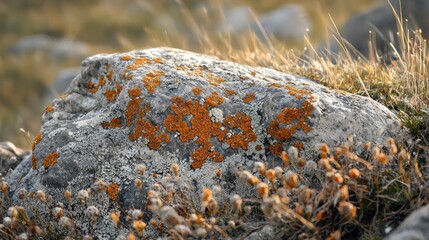 Fototapeta premium A large rock displaying colorful lichen surrounded by dry vegetation